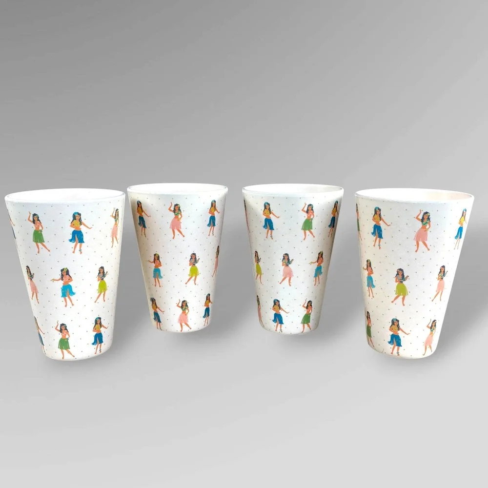 Fig & Fern Hula Girl Tumbler Set of 4 Tropical Retro Tiki Melamine Style Cups‎
